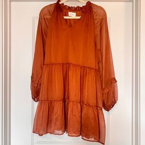 Red Dress Boutique Babydoll Dress Small Rust Brown Ruffle Tiered Sheer Sleeves